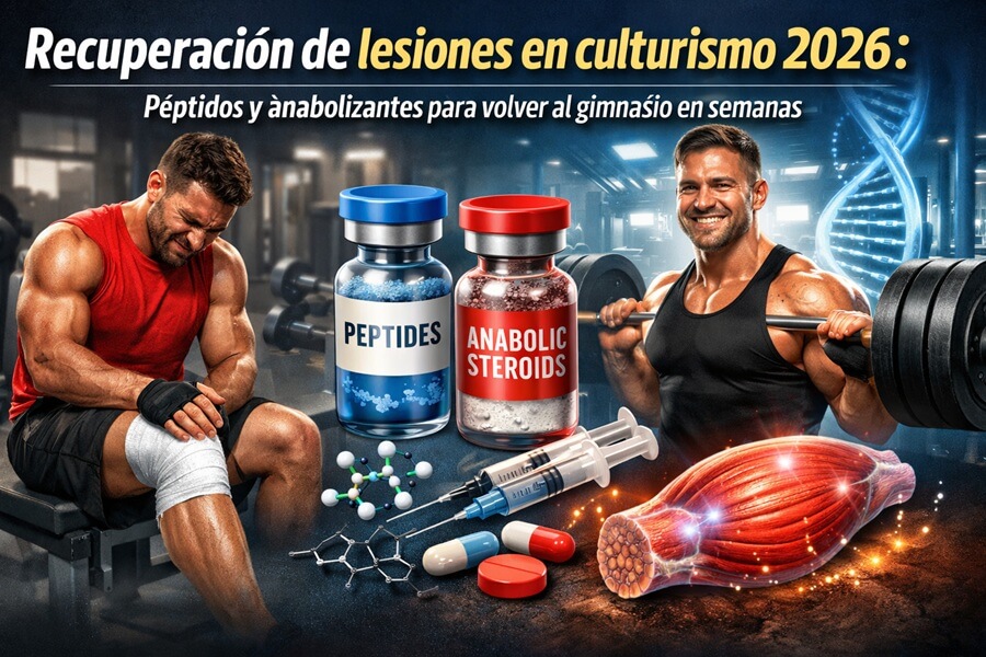 Protocolo de recuperación de lesiones en culturismo con péptidos y anabolizantes - esquema molecular sobre fondo oscuro